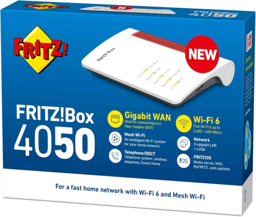 AVM FRITZ! BOX 4050 ROUTER WI-FI 6 DUAL BAND FINO A 3.000 MBIT/S, PER MODEM OPERATORE E ONT, 1X WAN GB, 3X LAN GB, 1X USB, ACCESS POINT, MESH, DECT, MEDIA SERVER, VPN, VOIP